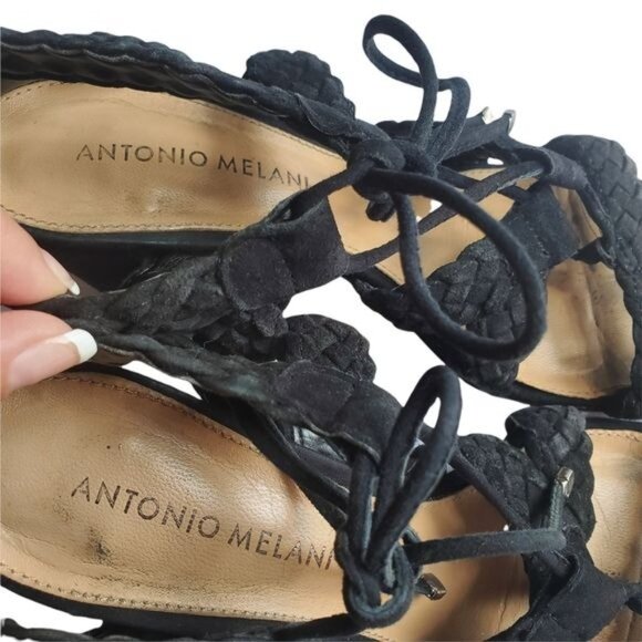 ANTONIO MELANI Block Heel Sandals SZ 8 Leather Round Open Toe‎ Strapy Braided 4" - Picture 9 of 12